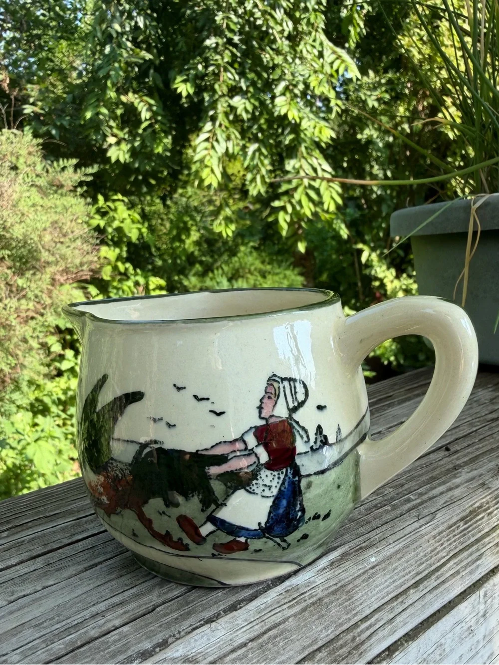 Made in Austria Creamer Woman Chasing Rooster 7258 Sage green And Cream